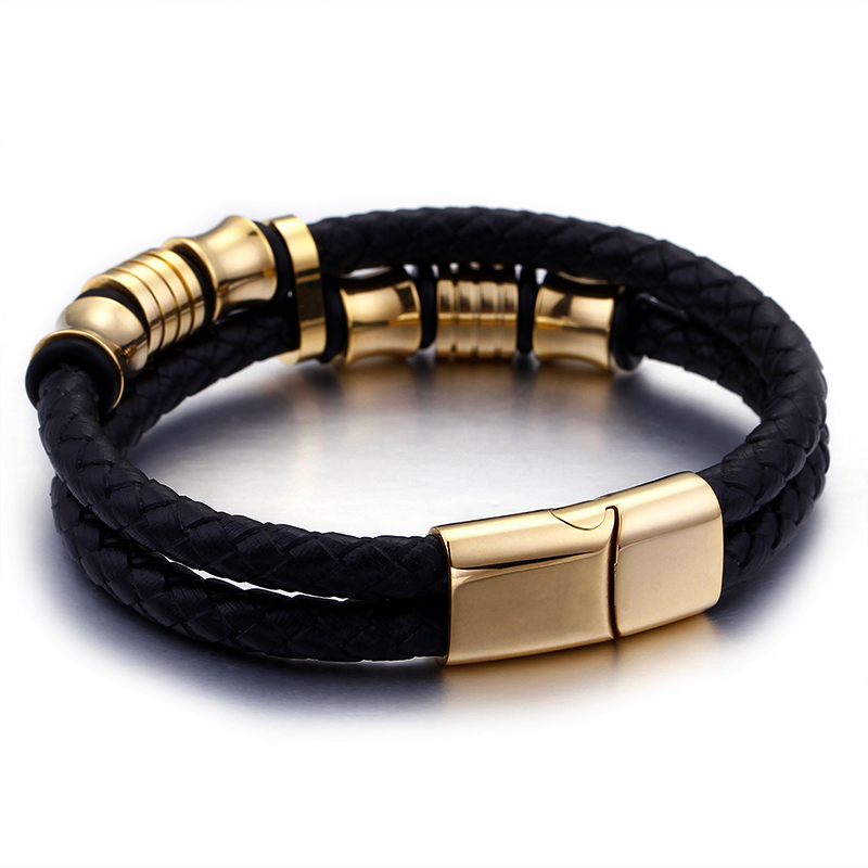 TrustyLan Couleur Or En Acier Inoxydable Bracelet En Cuir Hommes En Cuir Noir Pour Hommes bracelets d'enveloppement Bijoux Bracelet Avec Fermoir Aimanté
