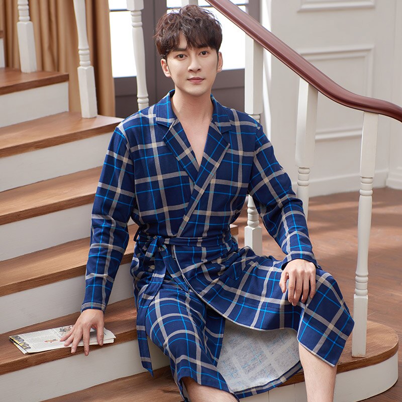 Verlengen Lange Grote Werven Kimono Robe Katoenen Badjassen Mannen Nachtkleding Mannen Nightgowns Homewear Pijama Lange Mouwen Robe Peignoir Homme