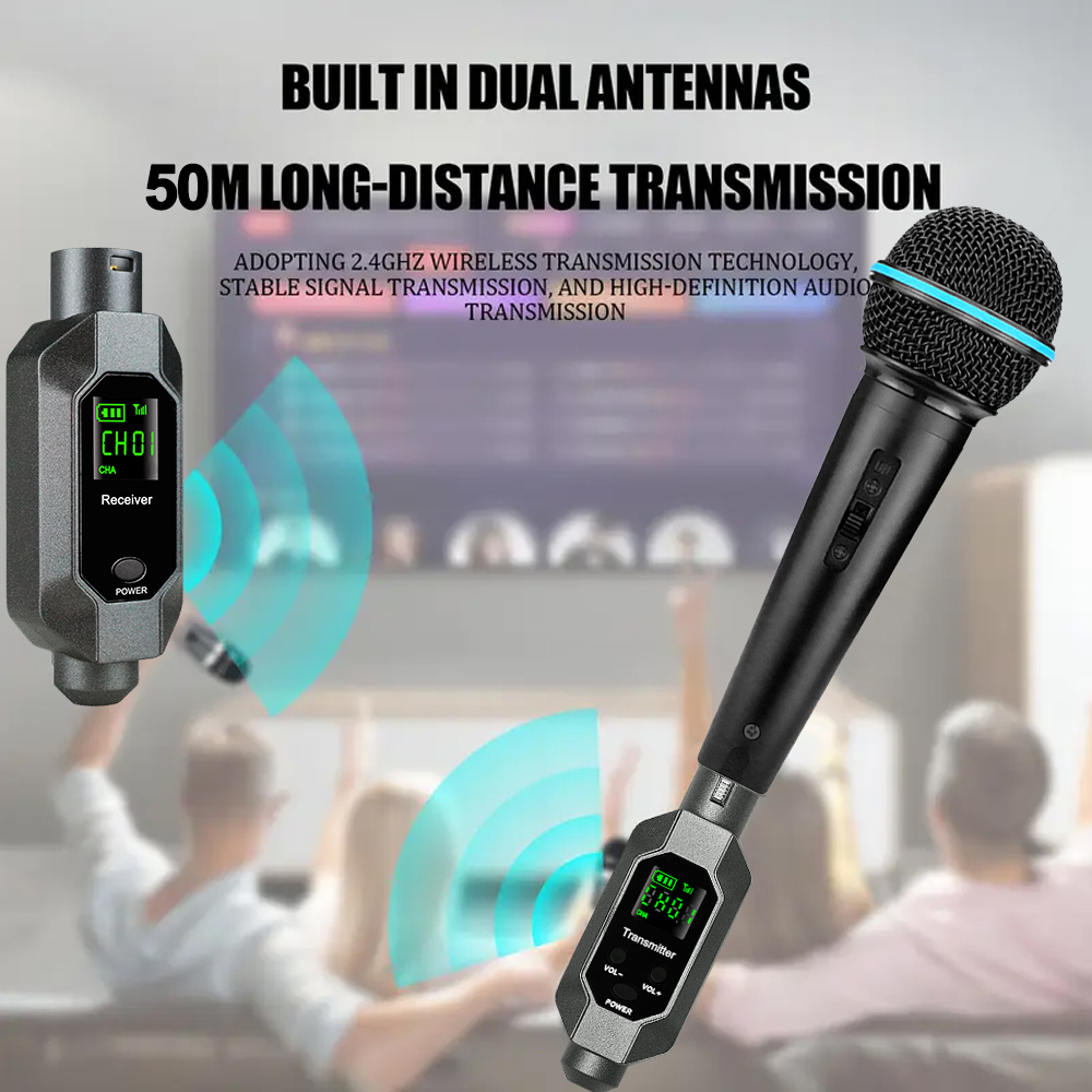 Wireless XLR Transmitter and Receiver Rechargeable Mic Adapter for Dynamic Microphone, Audio Mixer