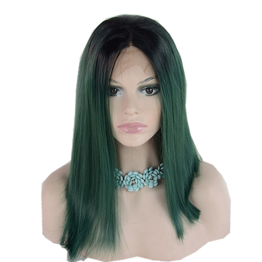 Eunice Hair Synthetic Lace Front Wig Ombre Dark Roots To Pink/Green Color Silky Straight BOB Hairstyle Women Wigs 14" 150density: Green