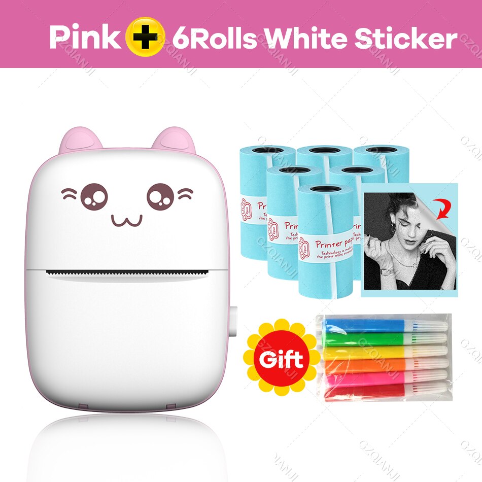 Thermal Printer 203DPI Portable Bluetooth 4.0 Thermal Photo Printer Wireless Inkless Mini Pocket Label Notes Printer With Papers: PK add 6STICKER