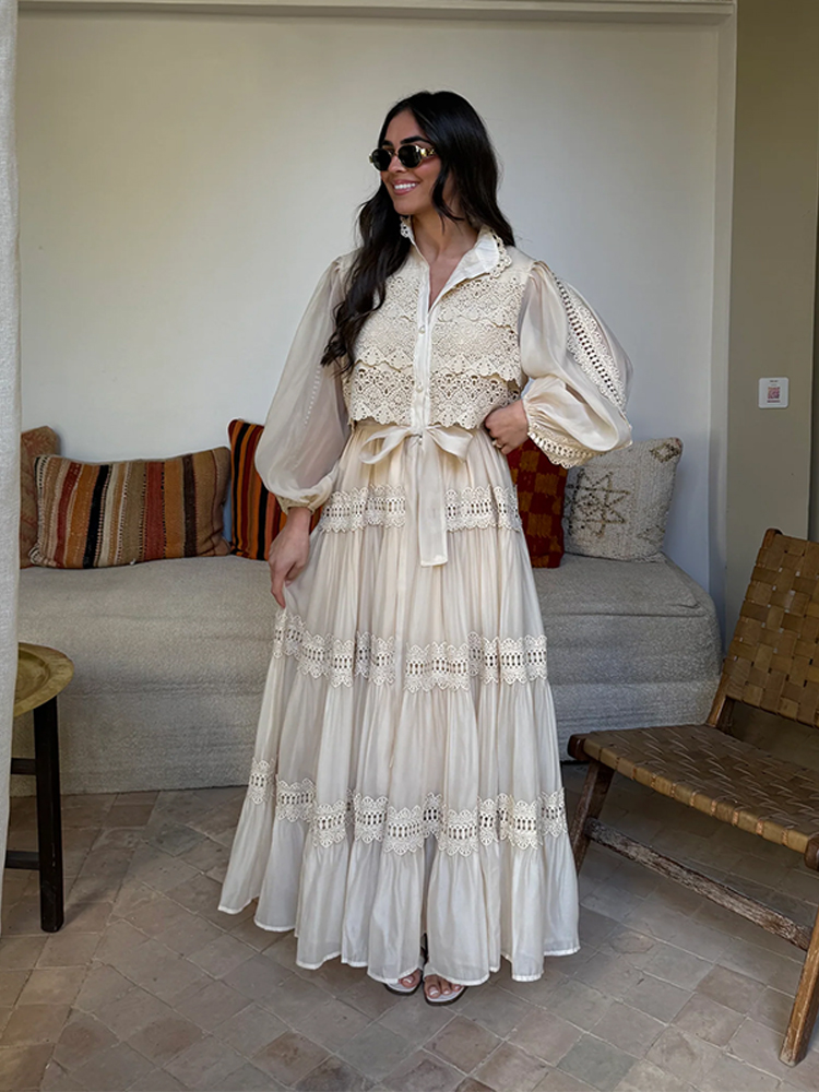 Vestido Floral calado de manga larga para mujer, vestido largo plisado con solapa y mangas acampanadas, con cordones y una hilera de botones