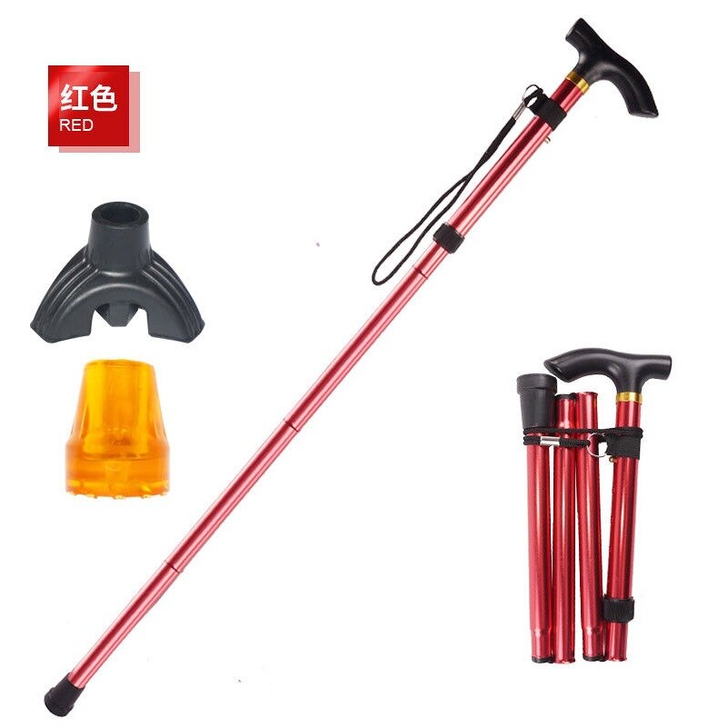 Multifunction bengala telescópica dobra muletas caminhadas vara muleta idosos vara de metal bengala trekking ao ar livre pólos: Red  Send Tendon Booties Triangular Booties 1