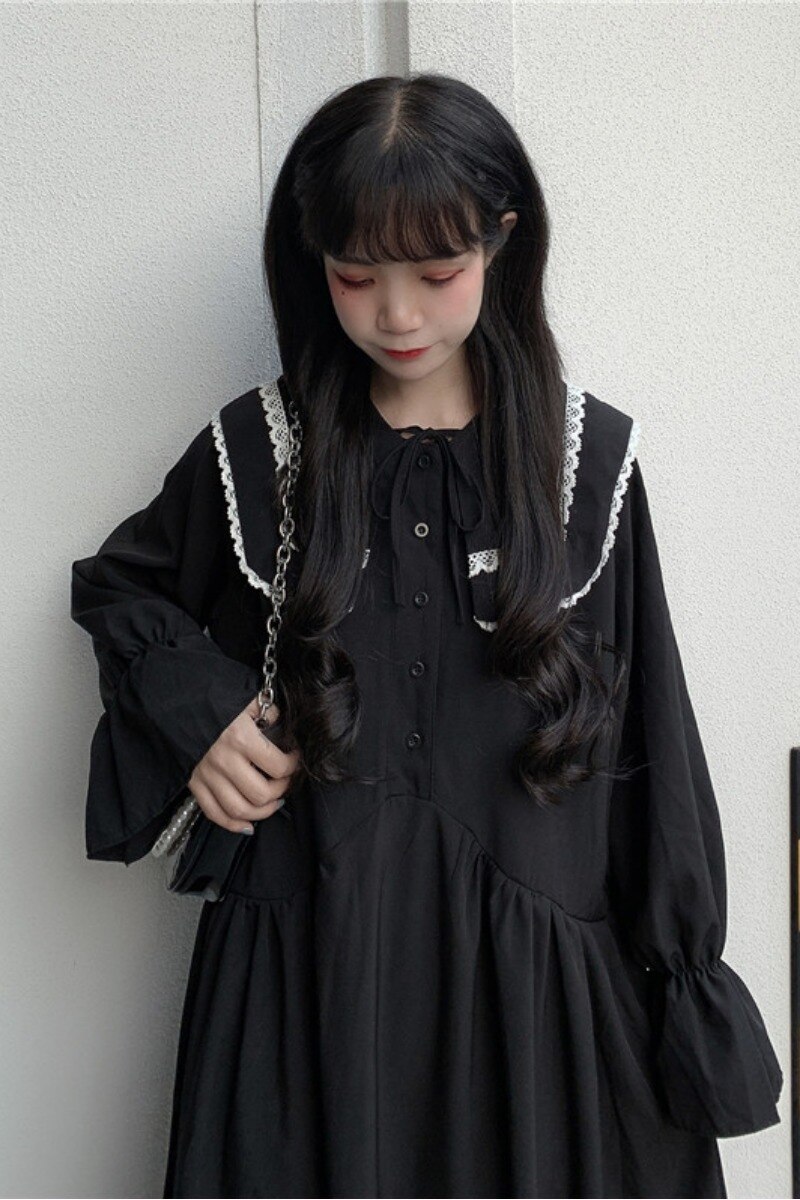 Japanse stijl schattige losse poppenkraag met belletjesmouw midi marineblauwe collegejurk voor dames, japanse schooluniform, matrozenjurk