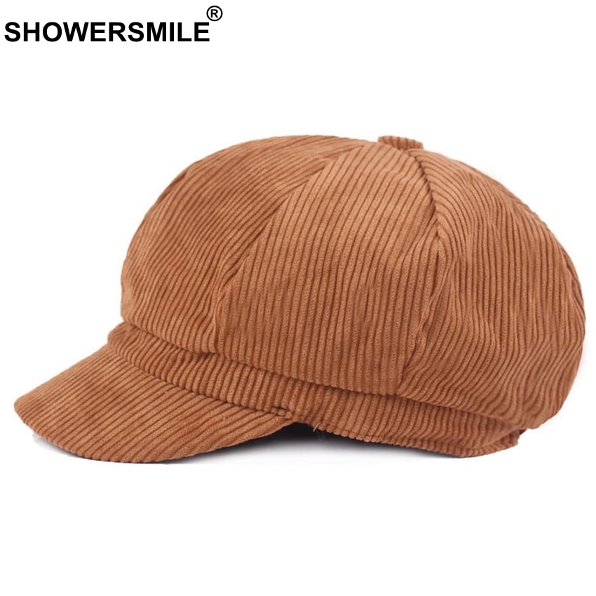 SHOWERSMILE Corduroy Newsboy Hat For Women Octagonal Cap Beret Men Vintage British Spring Autumn Khaki Painter Eight Panel Cap