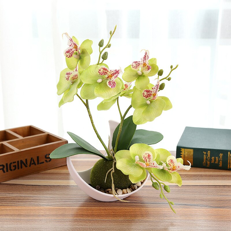 Kunstig sommerfugl orkidé potteplanter silke blomst med plastik potter mos hjem balkon dekoration vase sæt bryllup dekorative