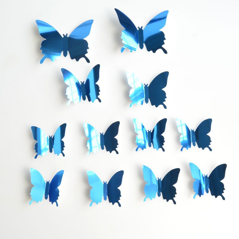 12PCS 3D Butterfly Wall Sticker Three-dimensional Simulation Mirror Texture Home Living Room TV Background Decoration Sticker: blue