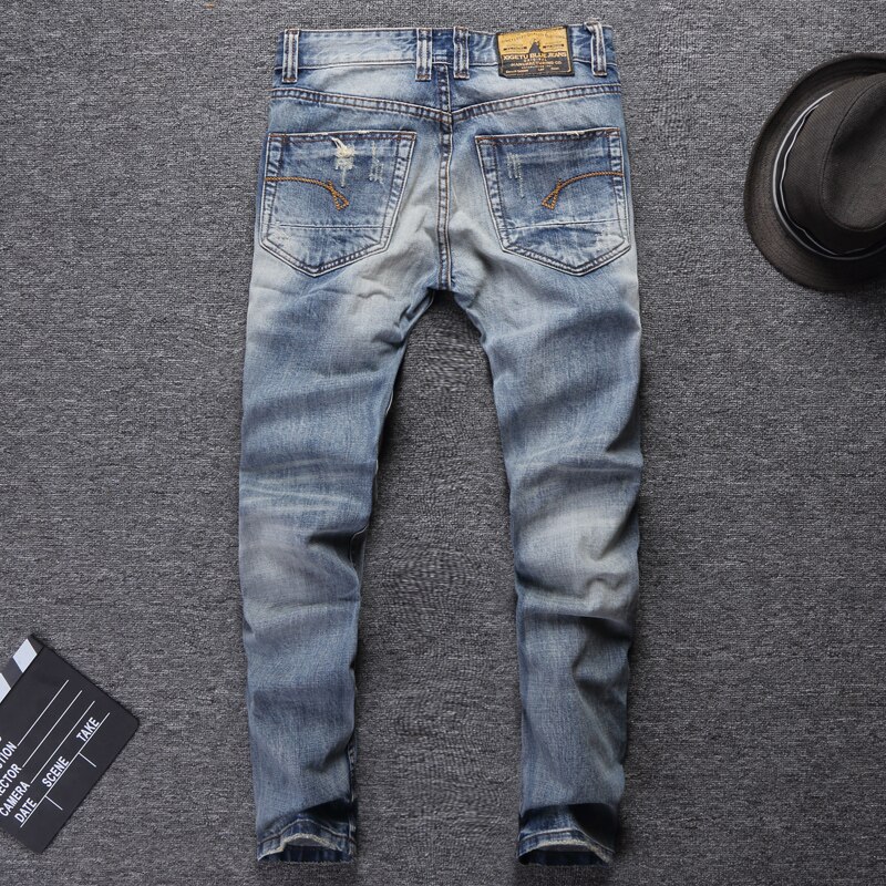 Streetwear heren jeans lichtblauw slim fit destroyed ripped jeans voor heren borduurwerk patch vintage klassieke jeans