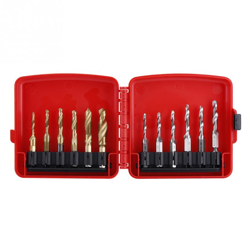 12pcs M3-M10 Hex Shank Titanium Plated HSS Screw Thread Metric &amp; Inch Tap Drill Bits Set with Box High Speed M4 M5 M6 M8 Twist