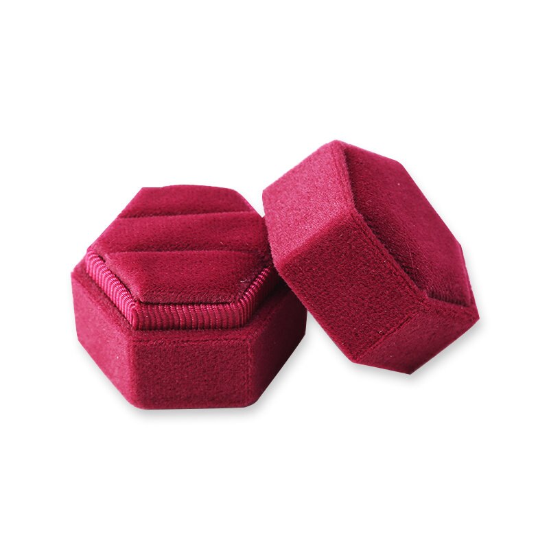 Hexagon Shape Fluwelen Doos Dubbele Ring Opbergdoos Bruiloft Ring Display Voor Vrouw Oorbellen Verpakking 5 Kleuren: Hexagon Red