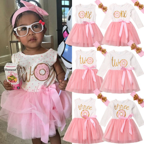 1st 2nd 3rd Third Birthday Donut Polka Dot Dress Girls Toddler Outfits Tutu Dresses Princess Party Dress