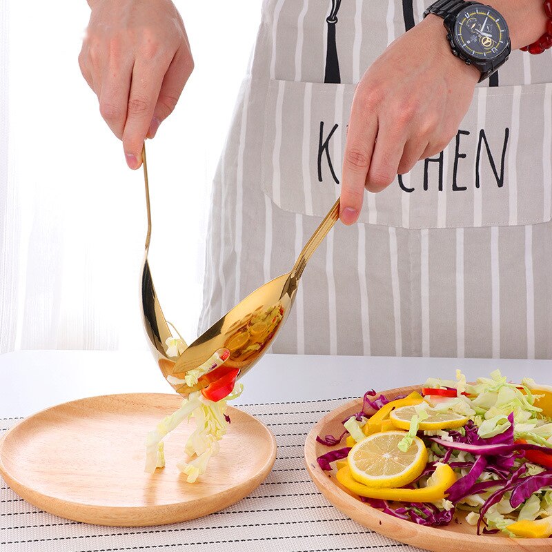 Big Salad Spoon Fork Set Stainless Steel Kitchen Food Server Pasta Utensils Public Gold Tableware Using Buffet Restaurant Tools