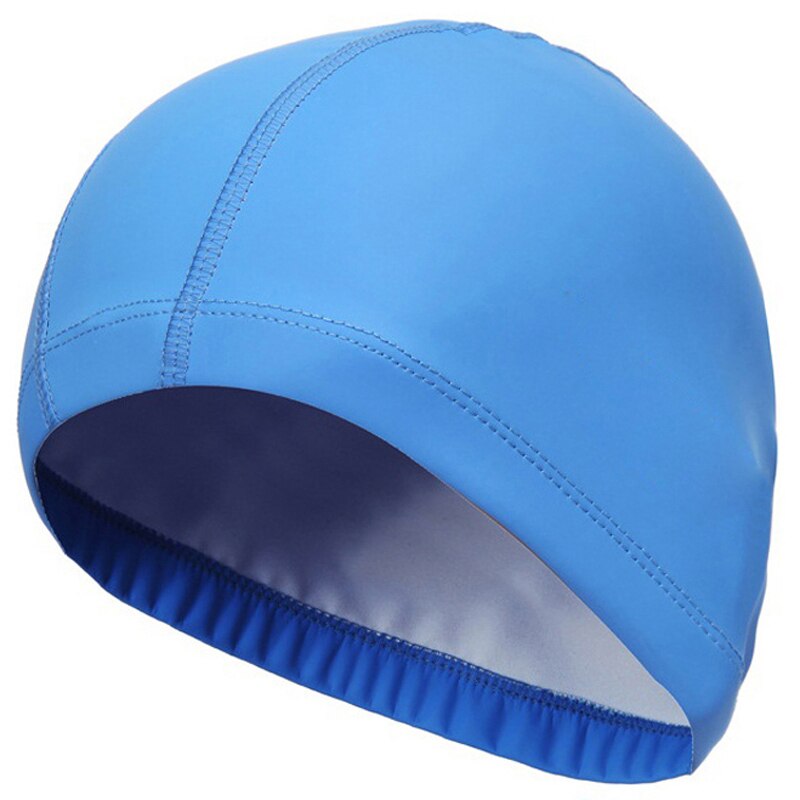 Boné de natação de tecido PU para homens e mulheres, chapéu de piscina impermeável, esporte aquático, protetor de orelhas, tampas de banho para cabelos longos adultos: Azul