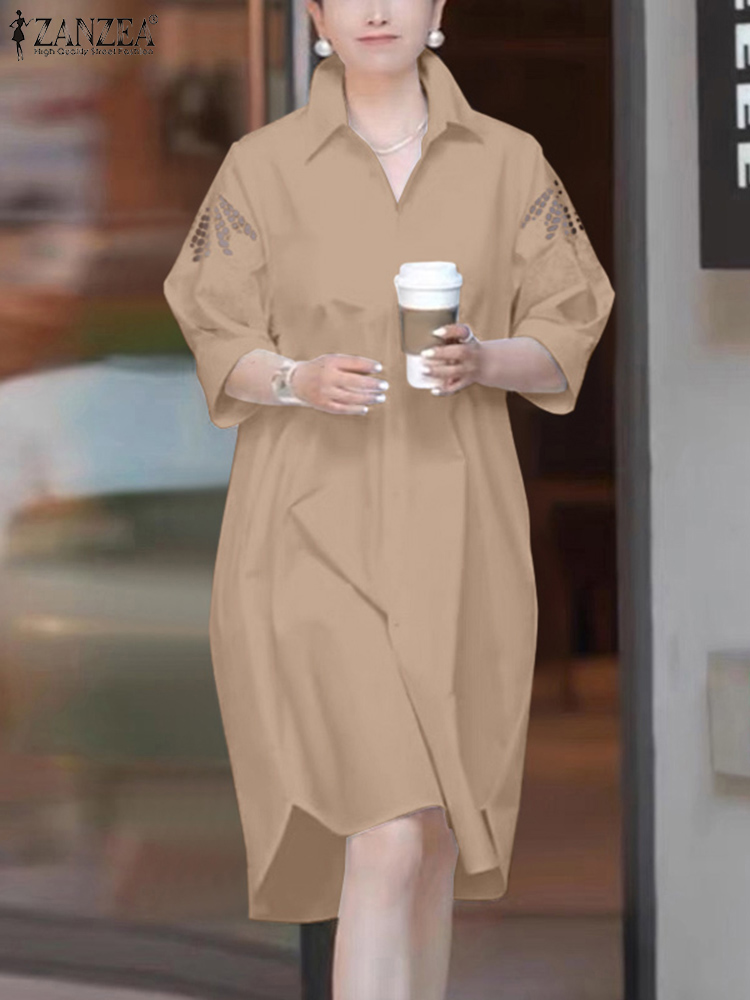 ZANZEA Casual Loose OL Work Shirt Dress Women Summer 3/4 Sleeve Lace Crochet Vestidos Sundress Buttons Down Robe Kaftan