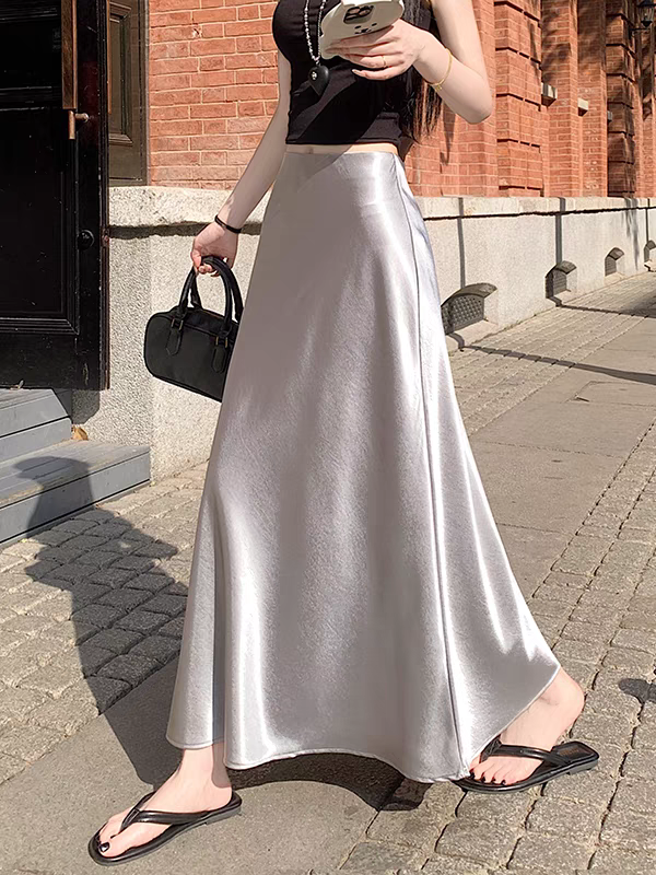 Midaxi-kjol i satin för kvinnor, böljande sjöjungfrukjol med trumpetkant, hög midja och a-linjeformad passform, vårsommar och höstkjolar