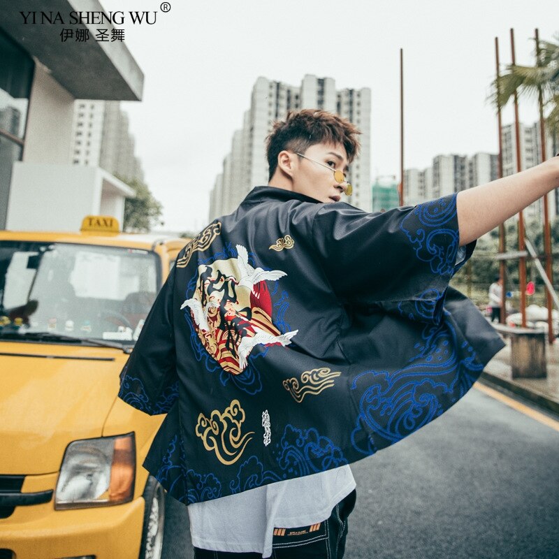 Estilo chino dibujo de calavera Cardigan playa Kimono Harajuku mujeres hombres Streetwear tradicional túnica japonesa playa corta blusa Top