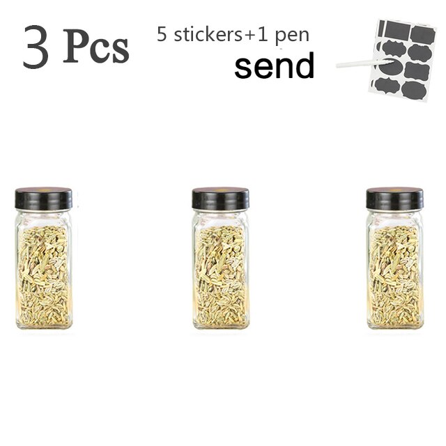 Meerdere Set Kruiden Potten Vierkante Glazen Container Kruiden Fles Keuken Outdoor Camping Kruiden Container Spice Container: 3pcs Black