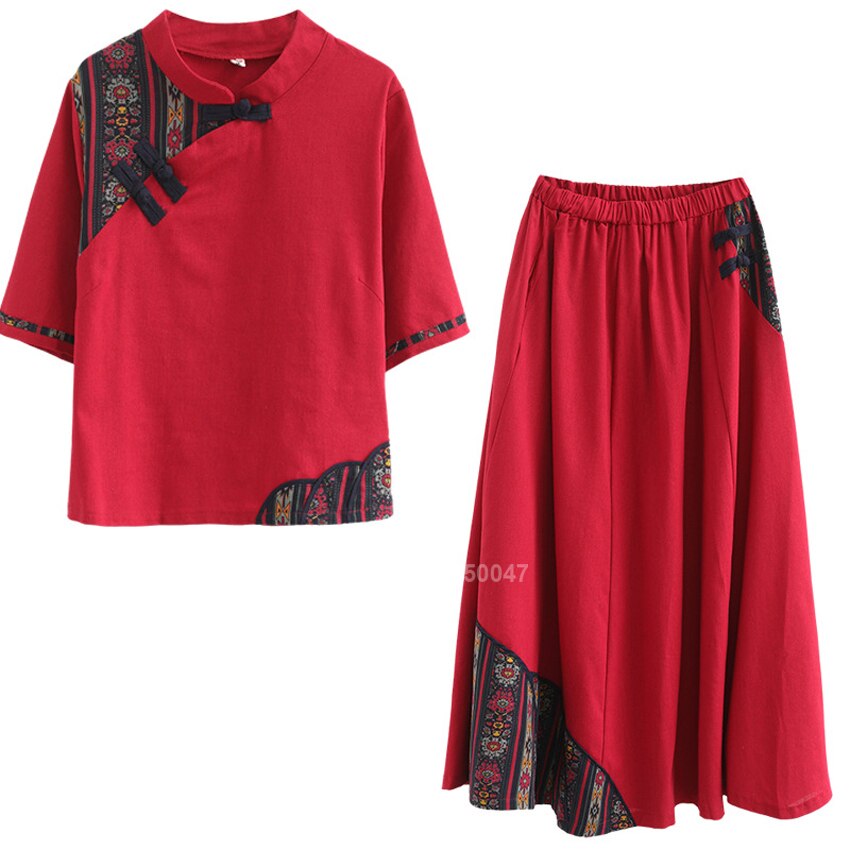 Vêtements chinois traditionnels en lin pour femme, robe rétro Qipao Cheongsam, manches courtes, rouge, ensemble de 2 pièces, collection