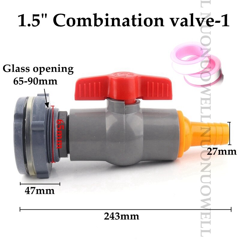 1Set 1/2"1" Combination Valve Aquarium Pagoda Connector Fish Tank Drain Joint Aquarium Hose Drainage Accessories Valve Assembly: 1.5in valve 1