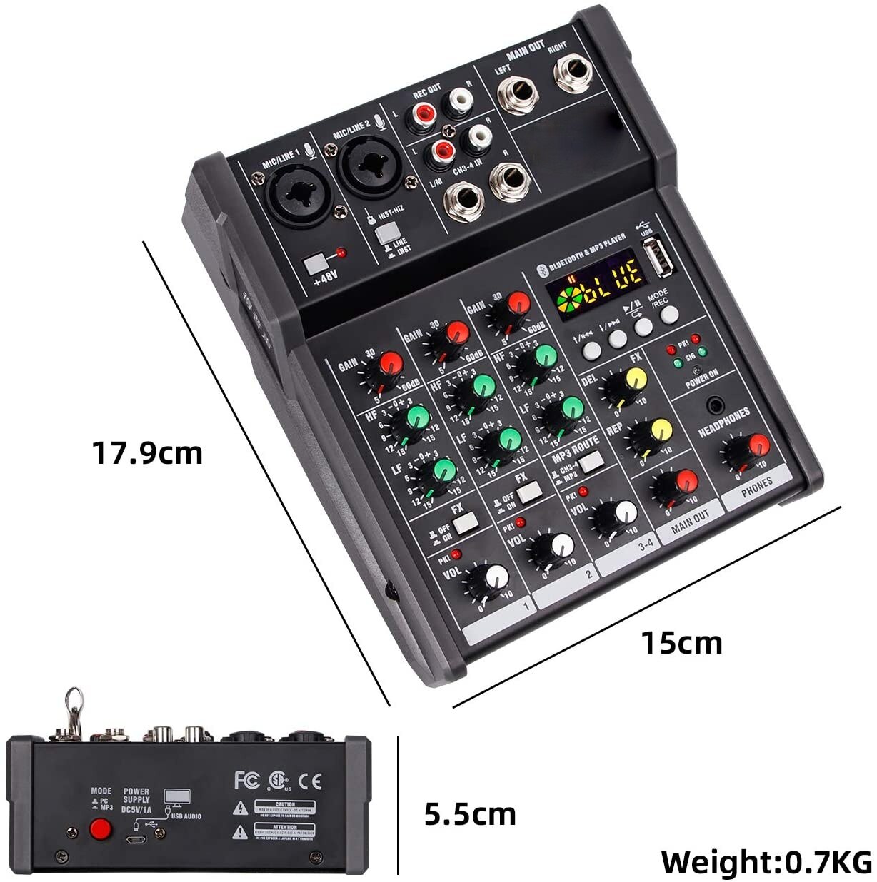 A4 Sound Mixing Console Bluetooth Usb Record Computer Afspelen 48V Phantom Power Vertraging Repaeat Effect 4 Kanalen Usb Audio mixer