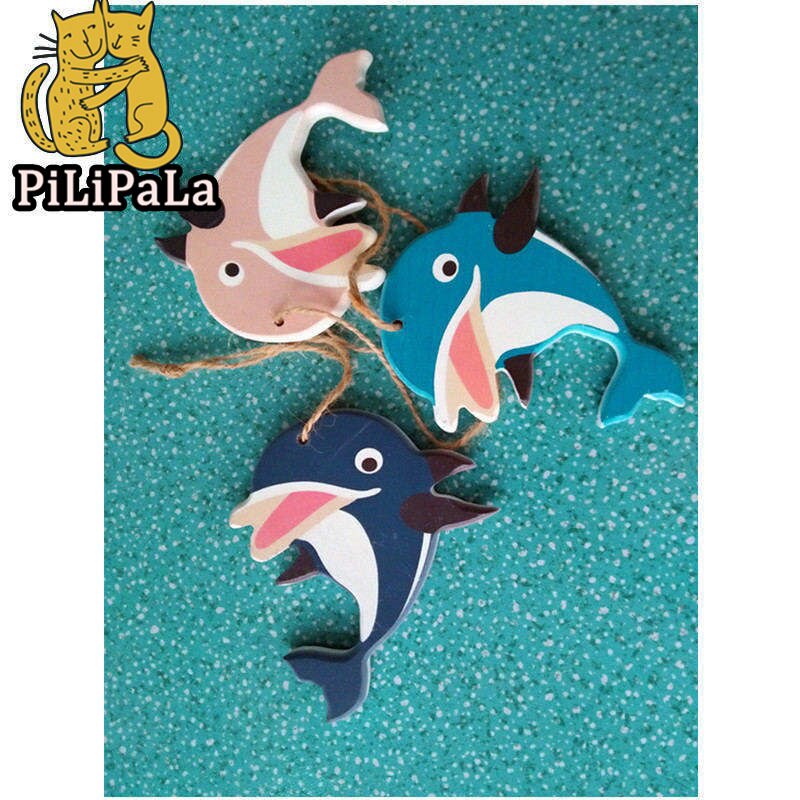 Färg slumpmässig medelhavsstil trä fisk stjärna delfin hängande nautisk dekor båt fartyg strand vägg prydnad trä hantverk 3 st/l: Delfin