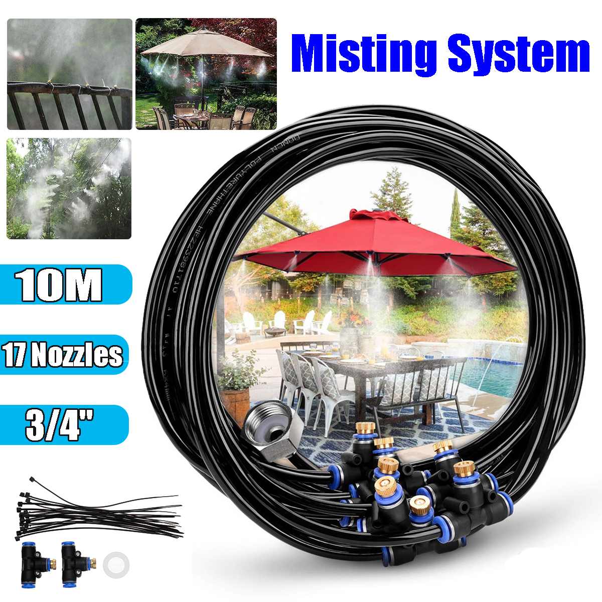 Water Sprinkler 10M Hose + 17pcs Nozzles Water Misting Cooling Irrigating System Outdoor Mist Cooling SprayTool for Greenhouse