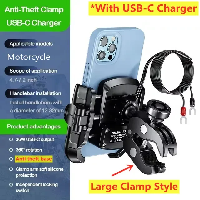 Motorcycle Bicycle Phone Holder Fast Charging USB-C Charger Moto Motorbike Mirror Stand For 4.7-7.2” Smartphones Handlebar Mount: Red