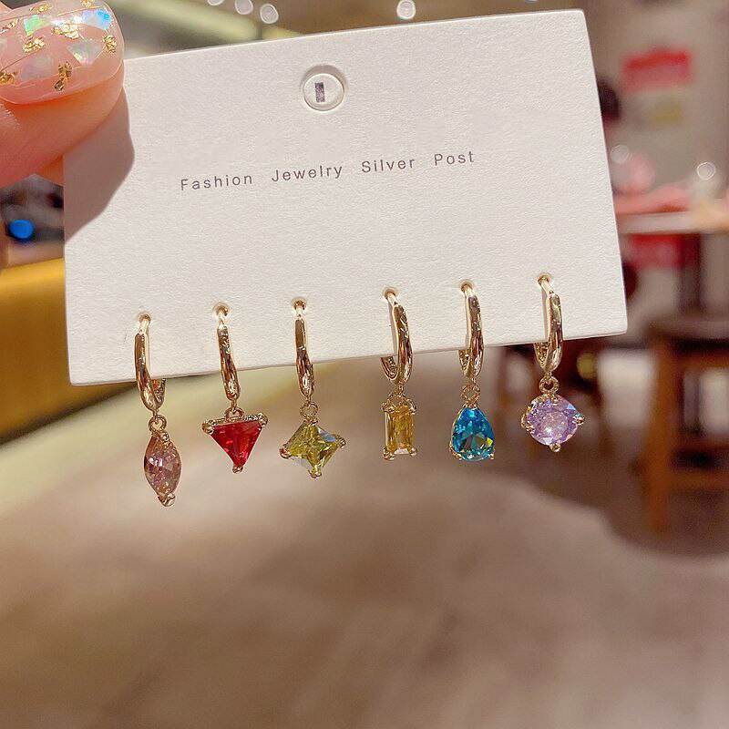 ANENJERY 6pcs Dainty Color Zircon Hoop Earring Set for Women Asymmetric Geometric Shape Earrings Gold Color Jewelry S-E1293