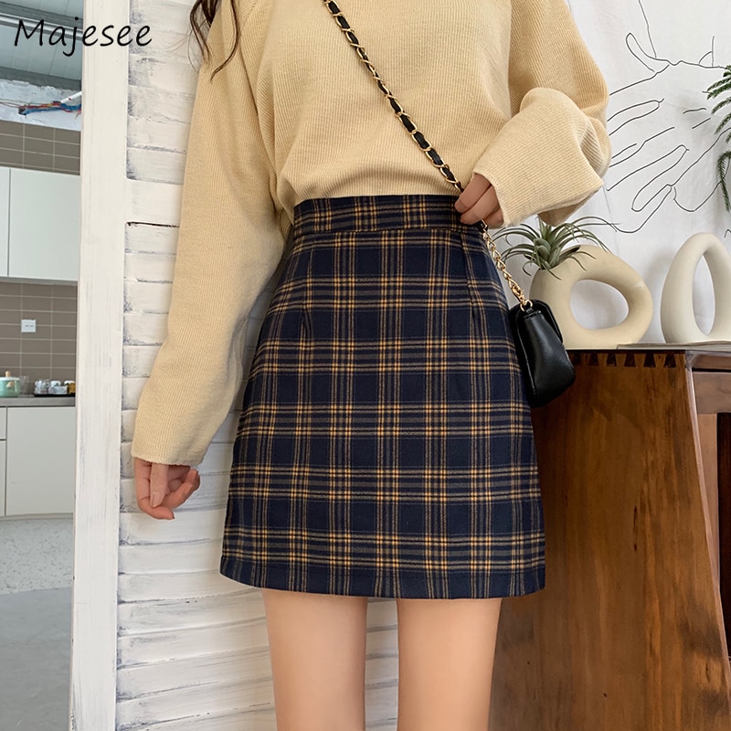 Saias femininas xadrez simples estudante meninas coreano estilo vintage elegante harajuku all-match casual das mulheres mini saia moda ulzzang