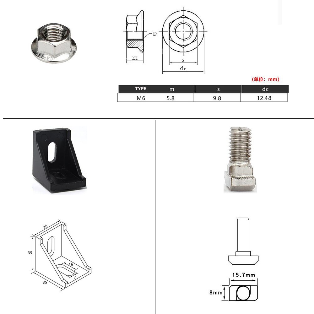 3030 Aluminum Profile Connector Set: 20pcs 3030 Corner Bracket + 40pcs M6 x 16mm T Bolt Screws + 40pcs M6 Hex Flange Nuts