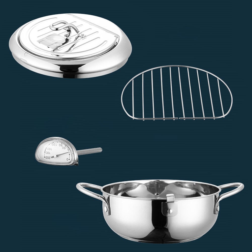 Deep Frying Pot Thermometre Tempura Fryer Pan Temperature Control Fried Chicken Pot Cooking Tools 304 Stainless Steel Fryer