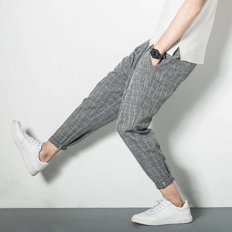 Japanischen Jahrgang Leinen Plaid Tasche Breite Quer verlieren Gabelung Hiphop Harem Jogger Streetwear Knöchel-Länge Schlauch Plus Größe Koreanische