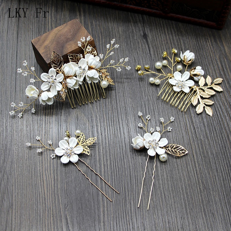 Lky fr bryllup hår tilbehør brude hovedbeklædning kamme guld blade brud hovedbeklædning perle hårnål blomster brud bryllup dekoration