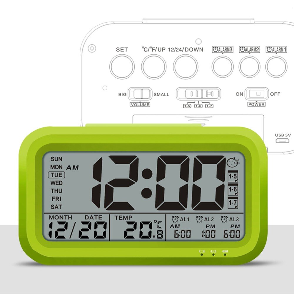 Reloj despertador Digital recargable por USB, reloj para estudiante con pantalla LCD grande para mesita de noche, reloj con Sensor de luz y retroiluminación