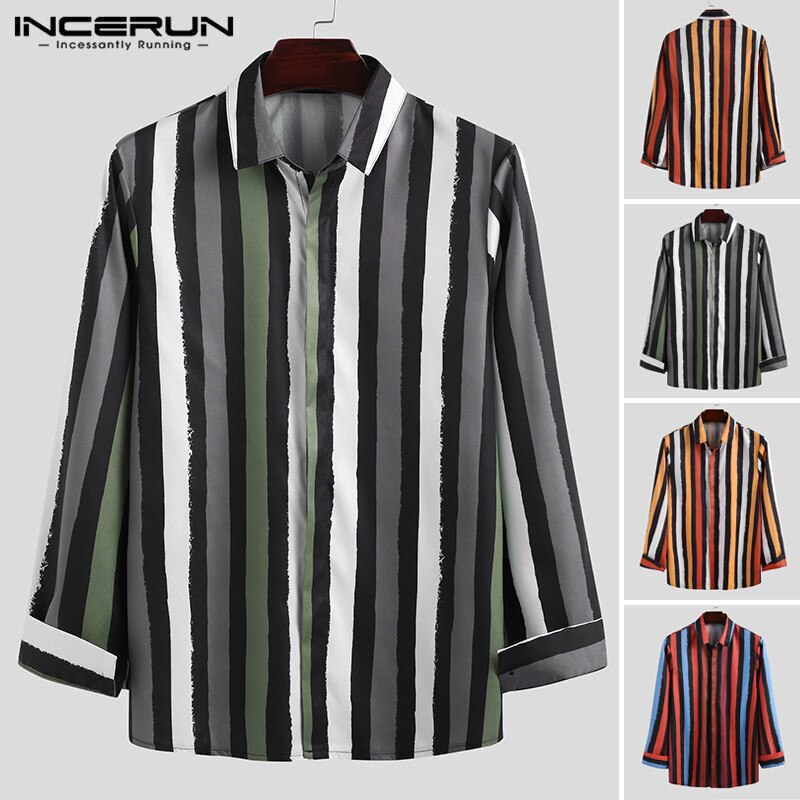 Incerun Herfst Gestreepte Shirts Heren Lange Mouwen Revers Camisa Causale Kleurrijke Knoppen Chemise Gezellige Streak Blouse Streetwear S-3XL
