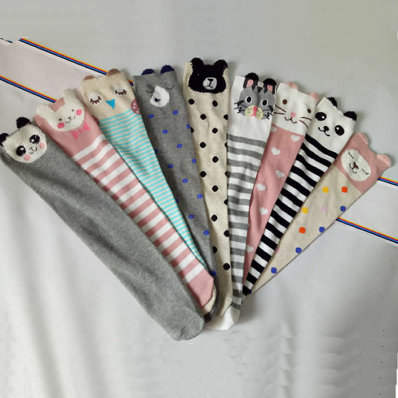 Chaussettes hautes en coton pour enfants, motif dessin animé, imprimé chat, renard