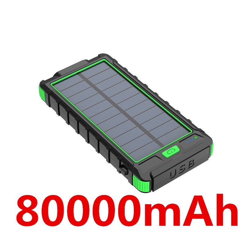 Solar Power Bank Waterdichte 80000Mah Solar Charger Usb-poort Externe Lader Voor Xiaomi 5 5s Smartphone Power Bank Met led Licht: green-80000mAh