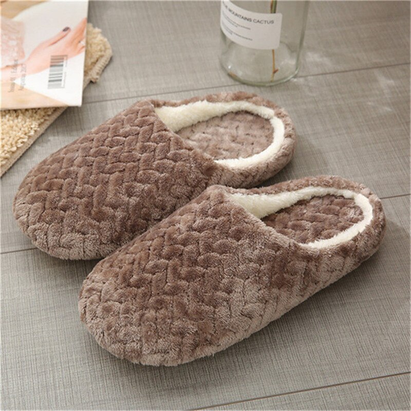 Herfst winter dames slippers onderkant zachte huis schoenen katoenen heren slippers binnen instappers dames comfortabele schoenen voor koppels: Bruin / 6