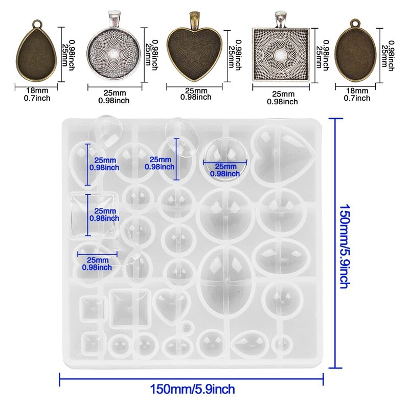 Plateaux à pendentif ronds, carrés, en forme de cœur, de goutte d'eau et ovales, 5 Styles, et 1 pièce de moules de moulage de bijoux bricolage l'artisanat Diy, 30 pièces