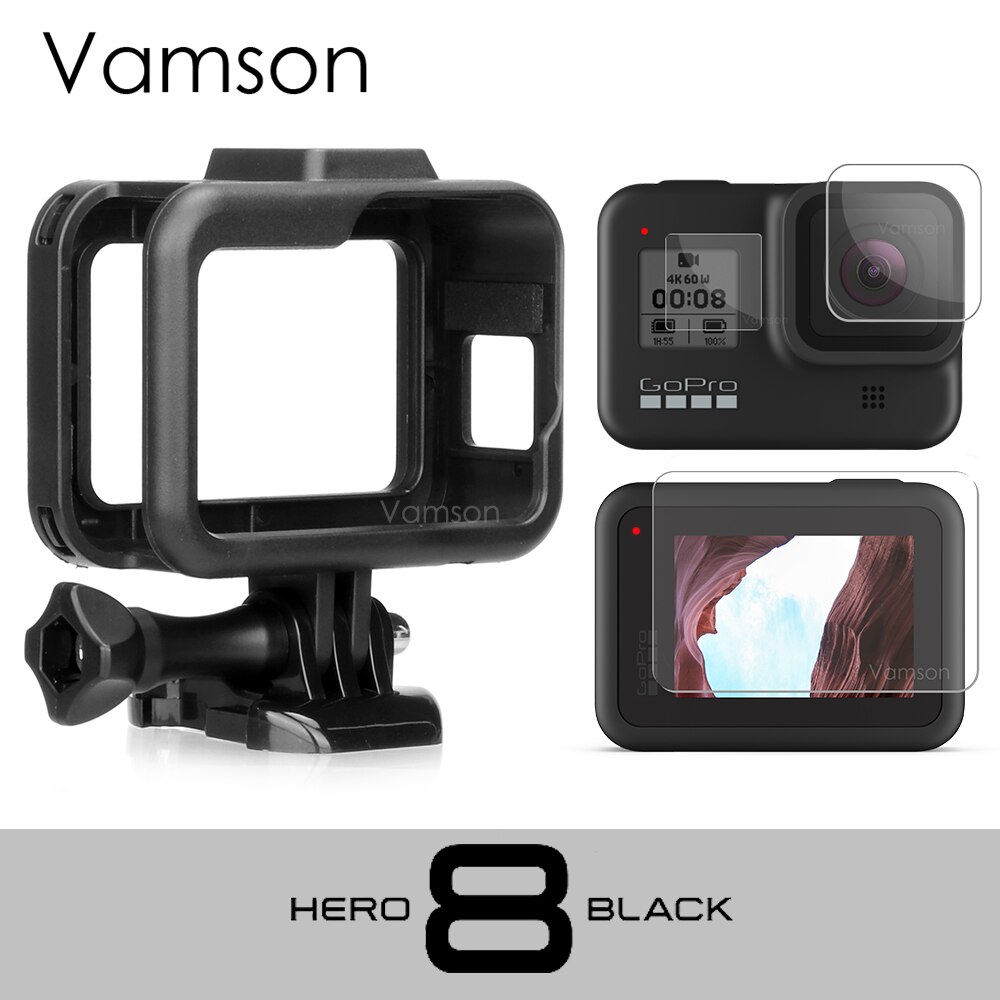 Vamson-gopro hero 8の保護ケース,黒いフレーム,ボーダーカバー,強化ガラススクリーン,goproアクセサリ,vp652: VP652-VP720