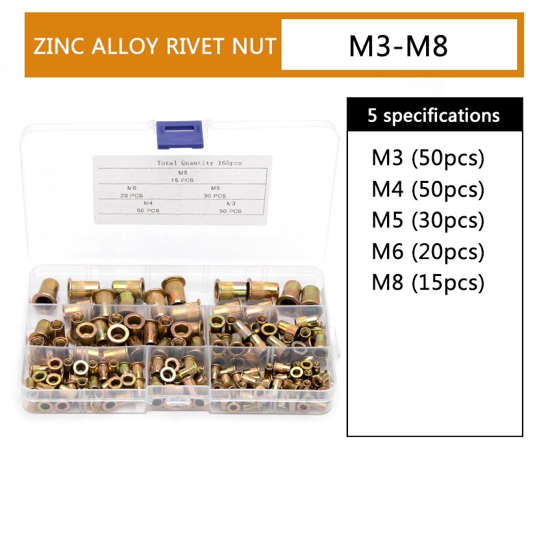 165 stücke Zink Niet Muttern M3 M4 M5 M6 M8 Flache Kopf Gerändelt Zink-legierung Niet Muttern einstellen Verzinkt niet-Muttern Sortiment Bausatz