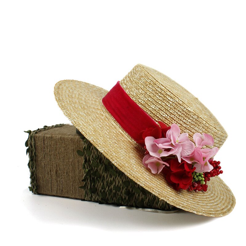 Sombrero de paja de trigo para mujer, gorro de sol plano con flor roja para playa, verano, , 100%