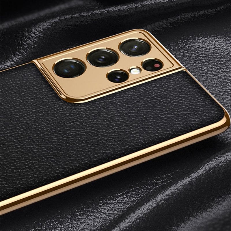 Luxury Plating Leather Texture Case for Samsung Galaxy S21 Ultra S21 Plus 5G Cover Hard Protective Phone Case Anti-Konck Coques