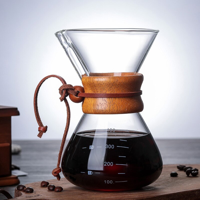 Olla de vidrio para café hecha a mano resistente al calor, juego de filtros para compartir mango de madera, adecuado para el hogar y la Oficina, 400/600/800ML: 400ML