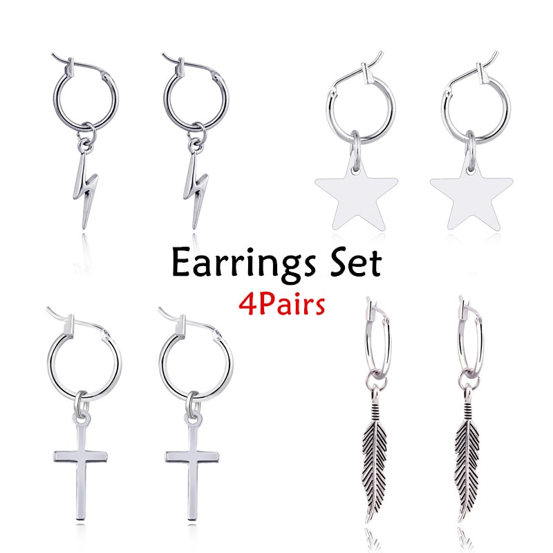 4 paires croix étoile plume petit cerceau boucles d'oreilles ensemble pour les femmes à la Punk Simple métal couleur foudre boucles d'oreilles bijoux