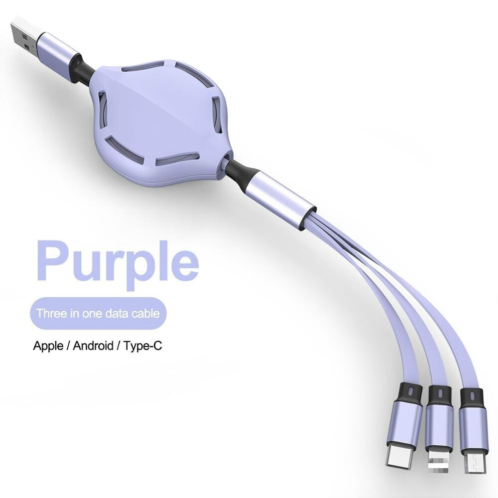 1m novo telescópico 3 em 1 rápido USB-C tipo c ios micro usb carregador rápido cabo de dados retrátil cabo de carregamento portátil: E02000421-purple