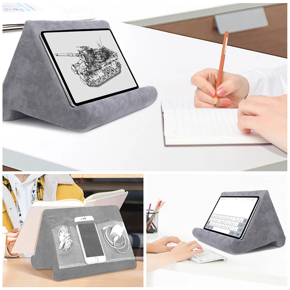 Zachte tabletkussenshouder met kabelzak Pad Tabletbeugel Dock voor schootbed en bureau voor iPad Telefoon Kindle Leesstandaard