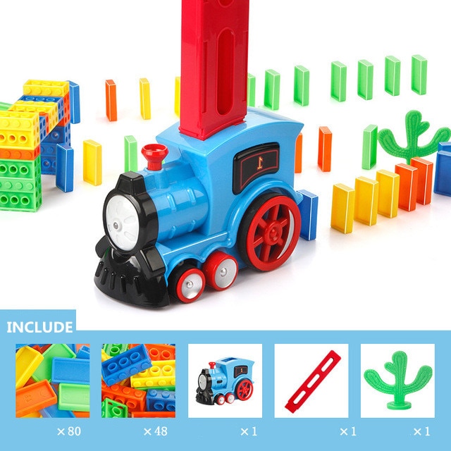 Børn elektriske tog domino legetøj til børn lyserød blå rød bil juguetes køretøj pædagogisk spil med dominos blokke