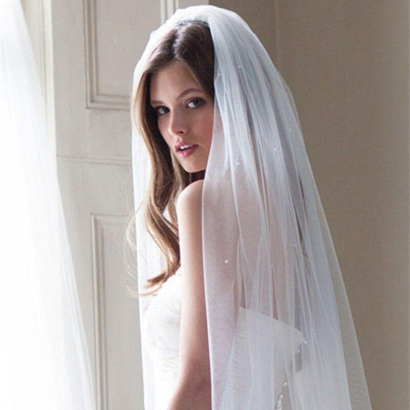 Voile de mariée blanc ivoire à bords coupés, 1 couche, longueur de valse, perles, avec peigne, dentelle nagerienne
