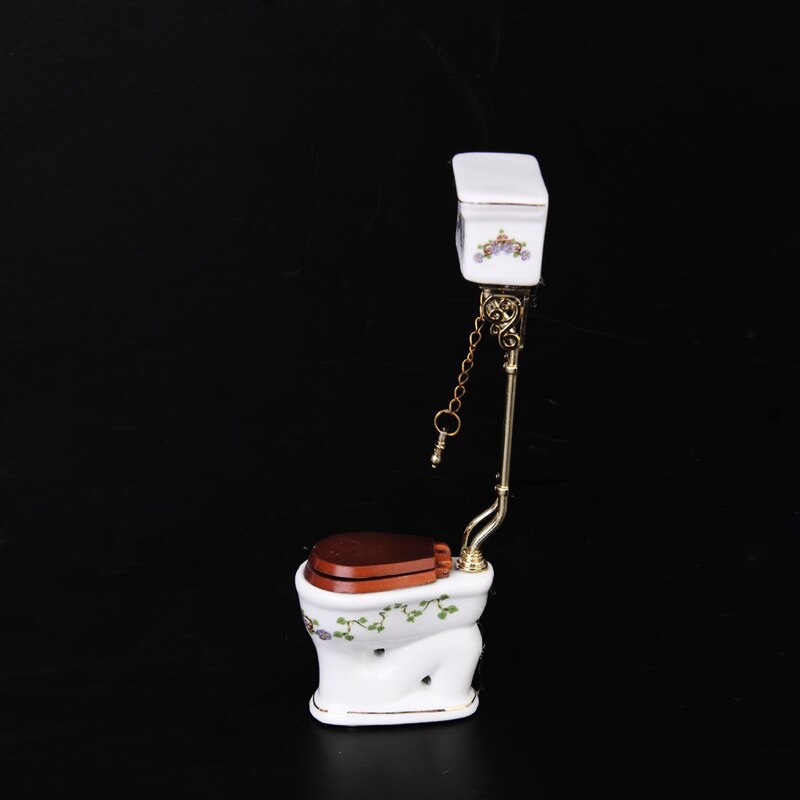 Vintage Victoriaanse Stijl Badkamer Porselein Wc Poppenhuis Miniatuur Wit + Goud